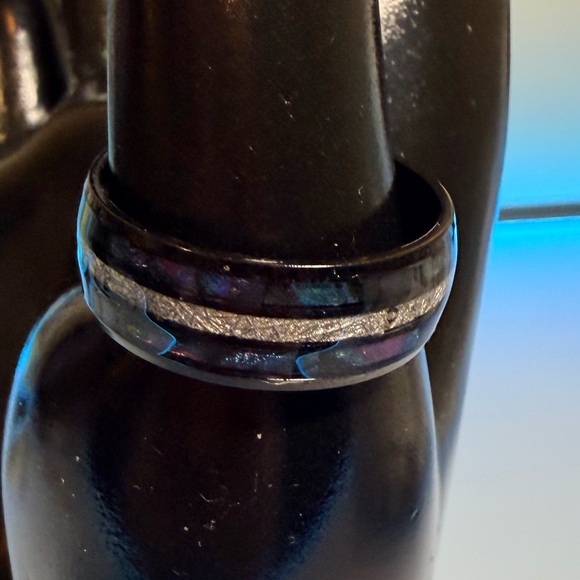 Black Gunmetal Plated Stainless Steel Ring Galaxy Sky Stars Inlay Silver Accent - Picture 13 of 16